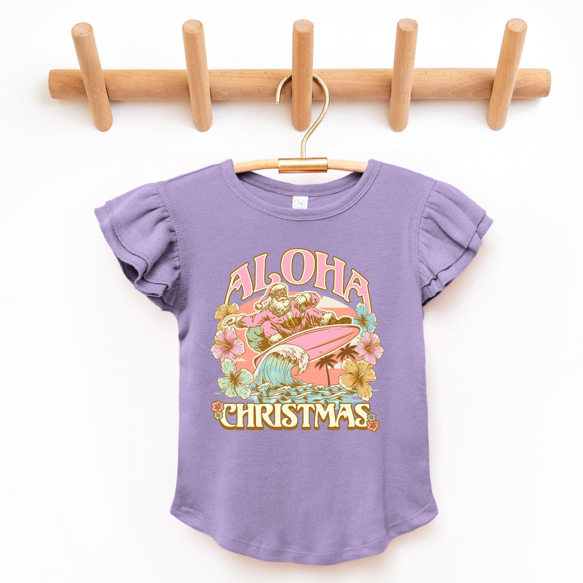 Aloha Christmas Surfing Santa - Flutter Sleeve Graphic T-Shirt