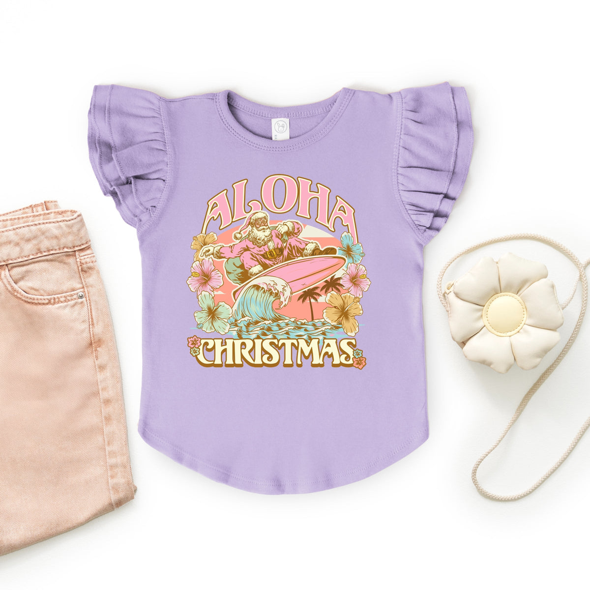 Aloha Christmas Surfing Santa - Flutter Sleeve Graphic T-Shirt