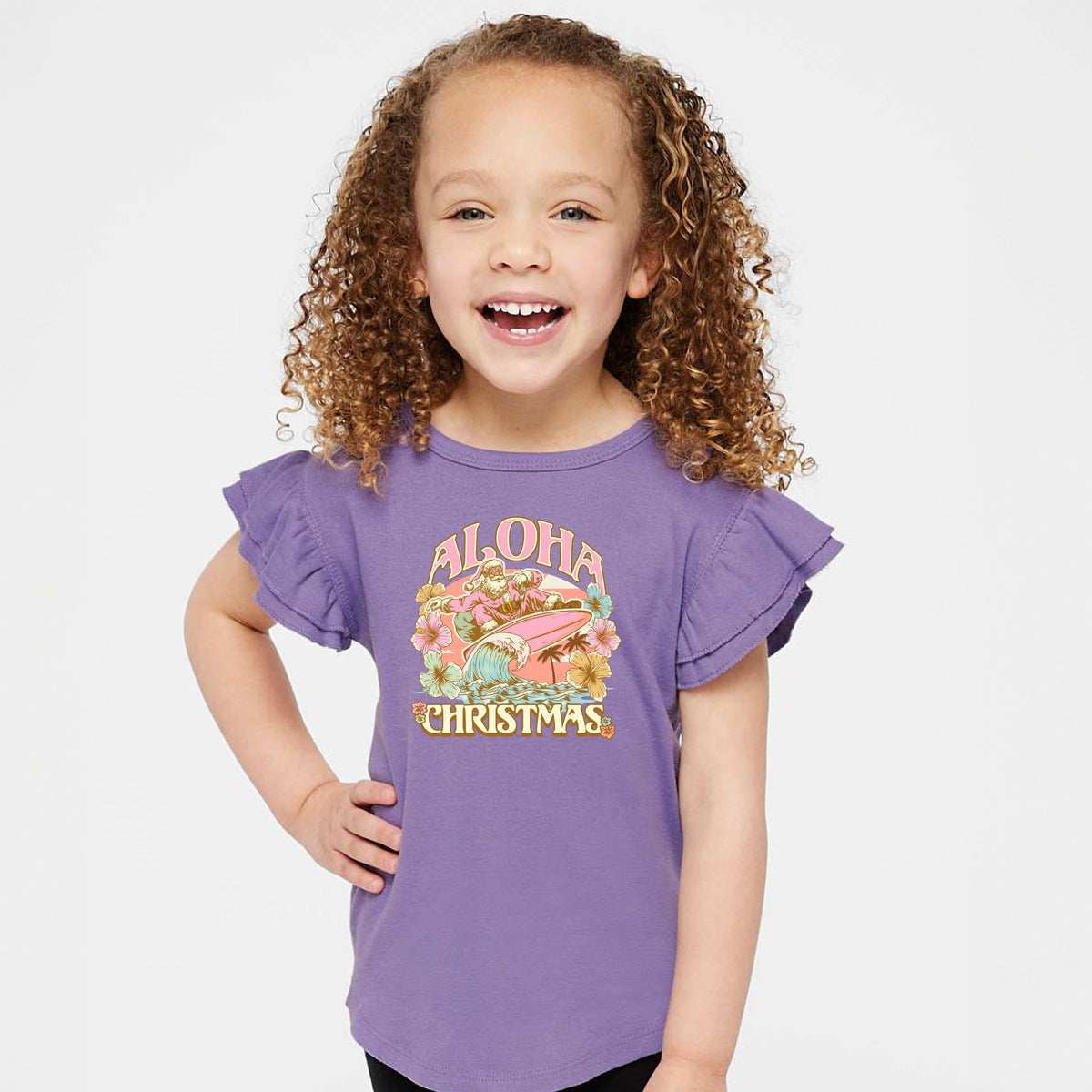 Aloha Christmas Surfing Santa - Flutter Sleeve Graphic T-Shirt