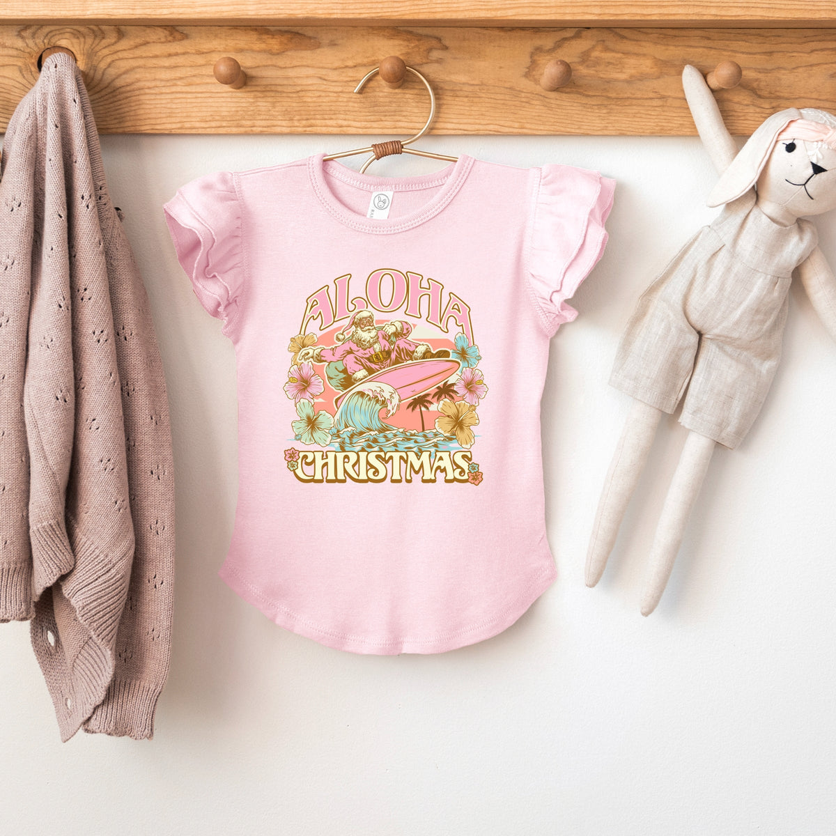 Aloha Christmas Surfing Santa - Flutter Sleeve Graphic T-Shirt