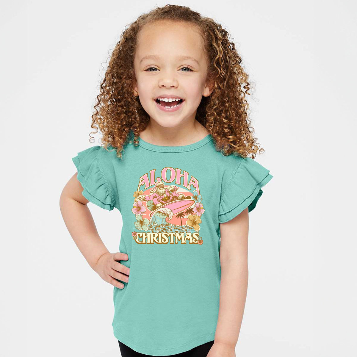 Aloha Christmas Surfing Santa - Flutter Sleeve Graphic T-Shirt