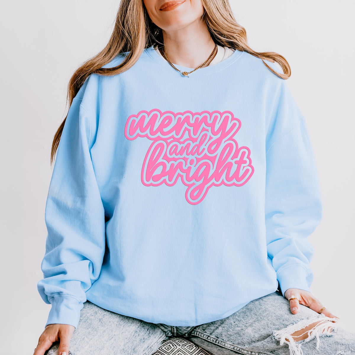 Merry & Bright Outline Puff  - Women's Lightweight Garment Dyed Sweatshirt