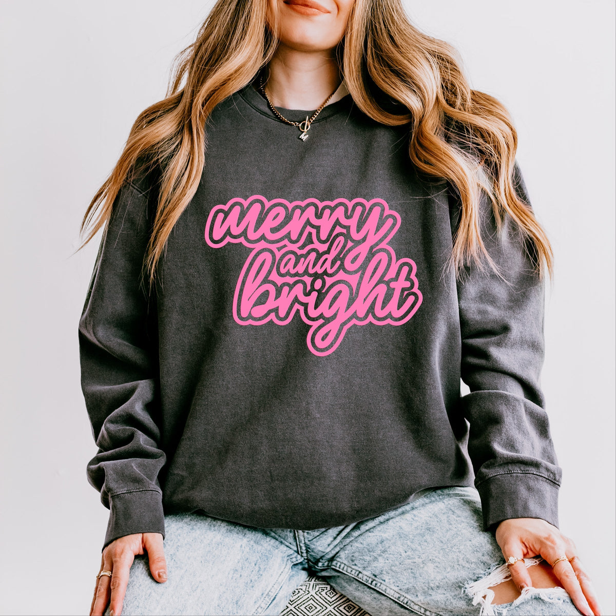 Merry & Bright Outline Puff  - Women's Lightweight Garment Dyed Sweatshirt