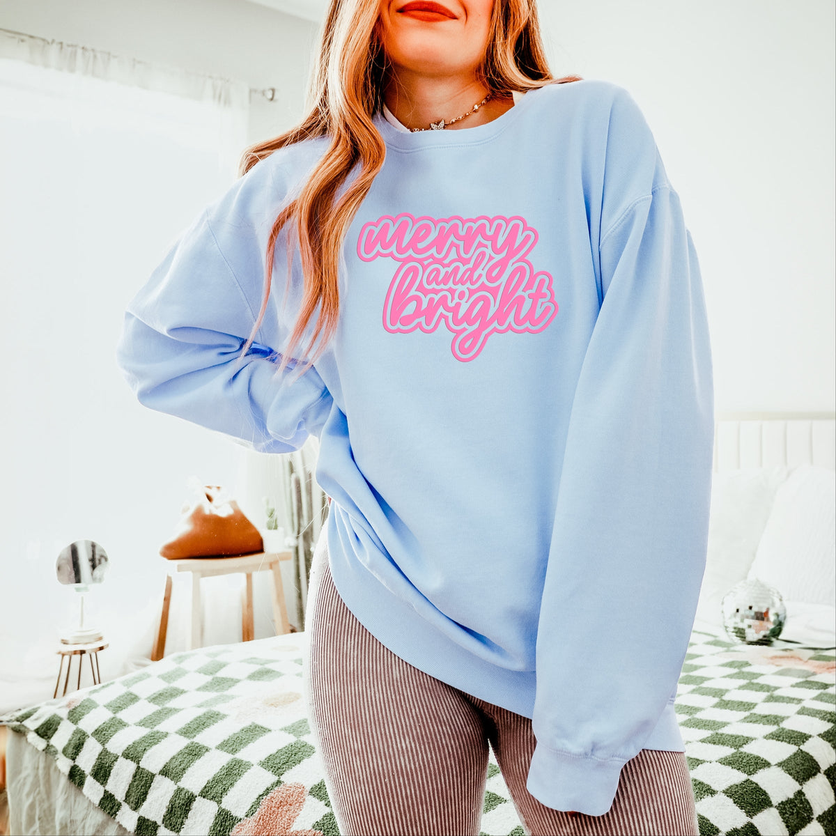 Merry & Bright Outline Puff  - Women's Lightweight Garment Dyed Sweatshirt