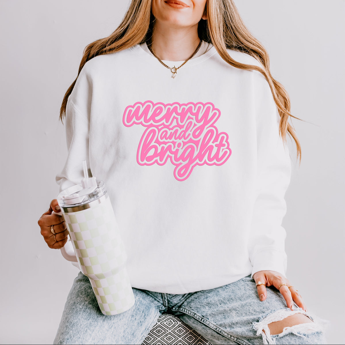 Merry & Bright Outline Puff  - Women's Lightweight Garment Dyed Sweatshirt