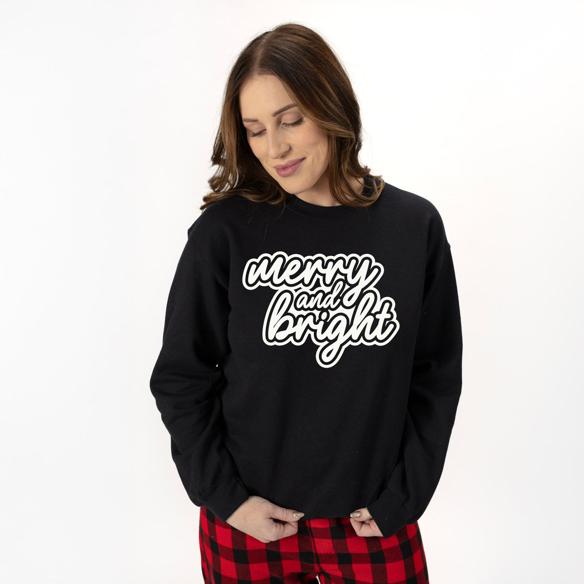 Merry & Bright Outline Puff  - Women's Plaid Pajama Sweatshirt Set