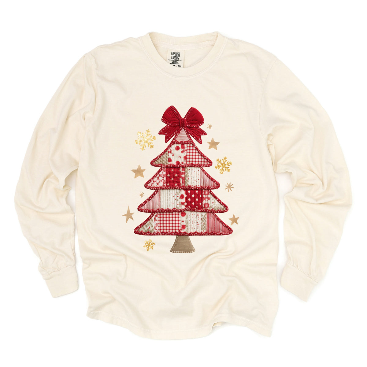 Christmas Tree Red Patchwork Print - Women's Garment Dyed Long Sleeve Graphic T-Shirt