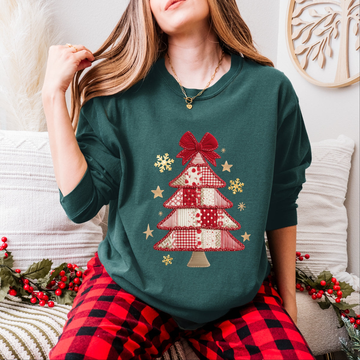 Christmas Tree Red Patchwork Print - Women's Garment Dyed Long Sleeve Graphic T-Shirt