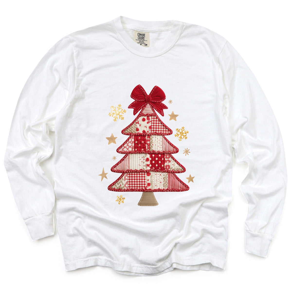 Christmas Tree Red Patchwork Print - Women's Garment Dyed Long Sleeve Graphic T-Shirt