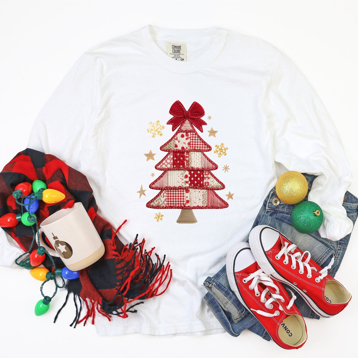 Christmas Tree Red Patchwork Print - Women's Garment Dyed Long Sleeve Graphic T-Shirt