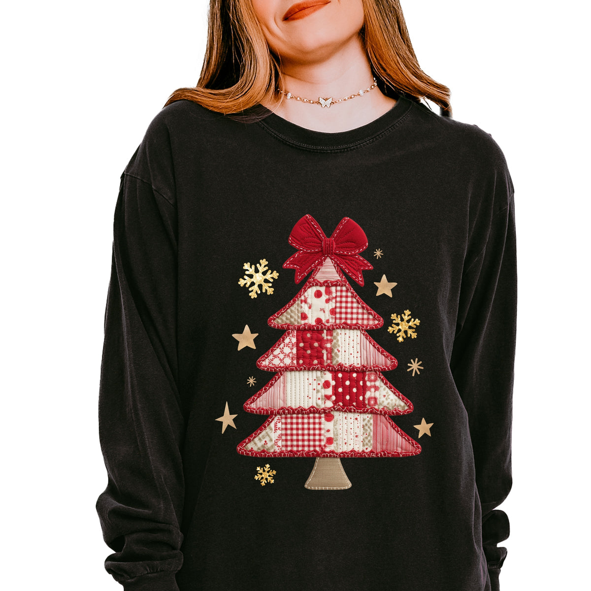 Christmas Tree Red Patchwork Print - Women's Garment Dyed Long Sleeve Graphic T-Shirt
