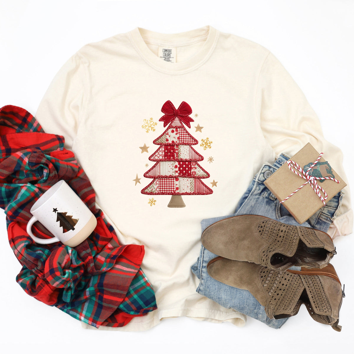 Christmas Tree Red Patchwork Print - Women's Garment Dyed Long Sleeve Graphic T-Shirt