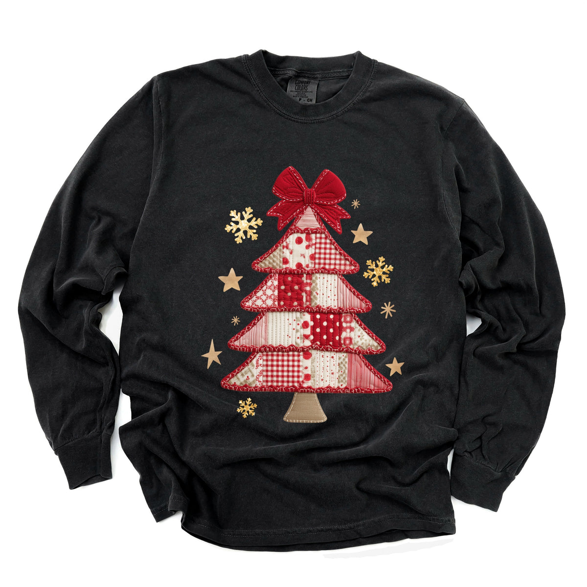 Christmas Tree Red Patchwork Print - Women's Garment Dyed Long Sleeve Graphic T-Shirt