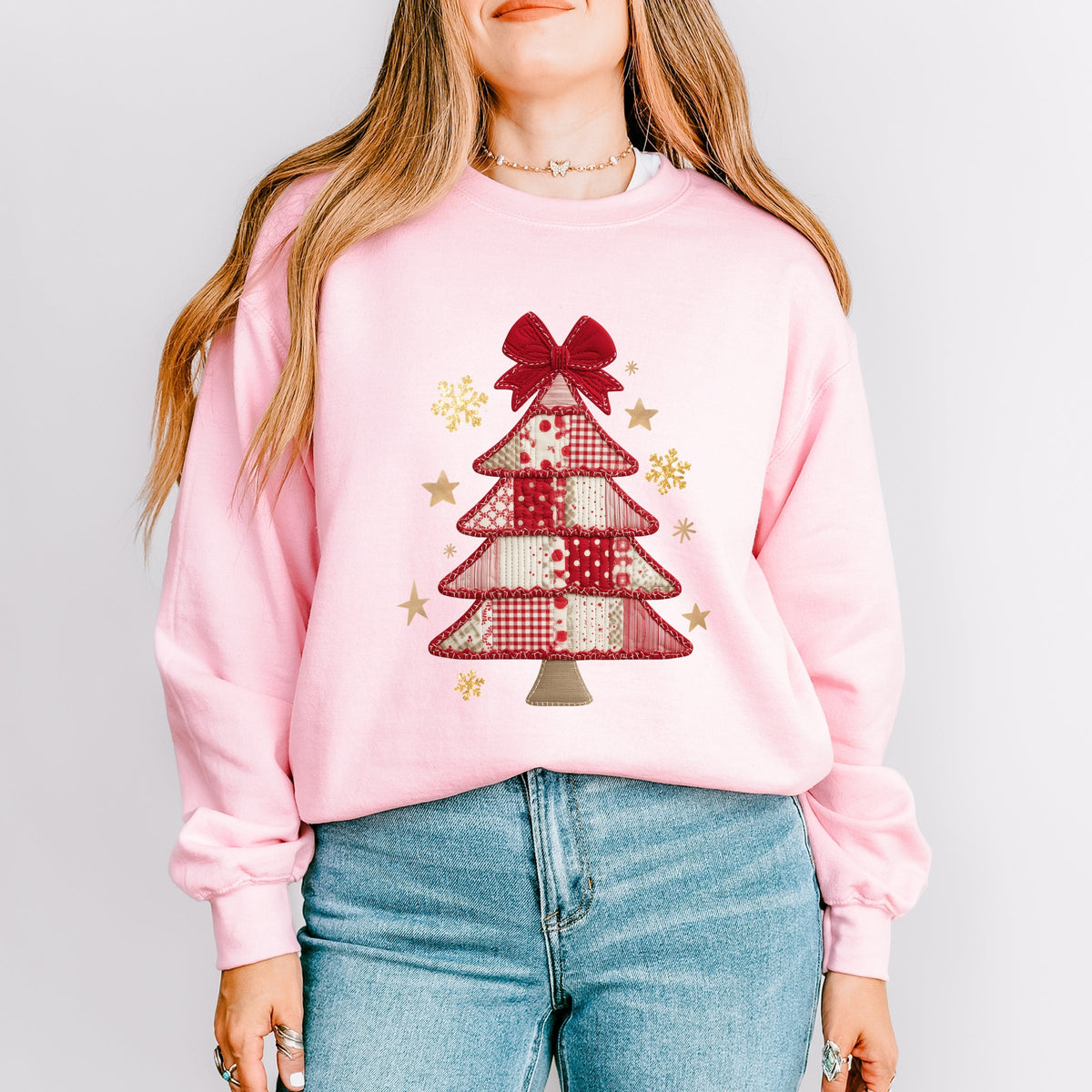 Christmas Tree Red Patchwork Print - Women's Graphic Sweatshirt