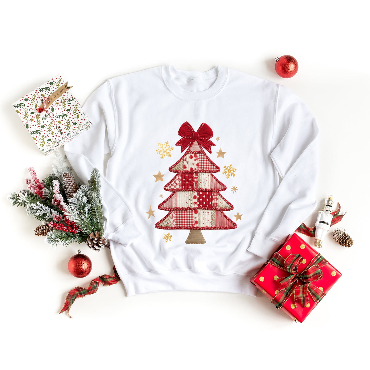Christmas Tree Red Patchwork Print - Women's Graphic Sweatshirt