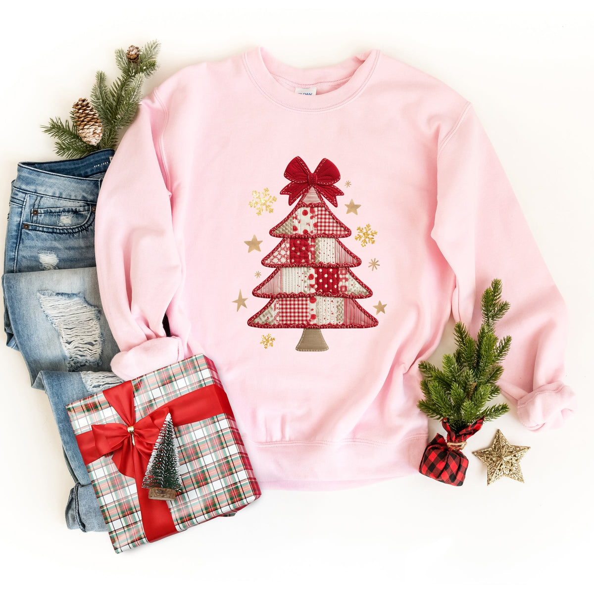 Christmas Tree Red Patchwork Print - Women's Graphic Sweatshirt