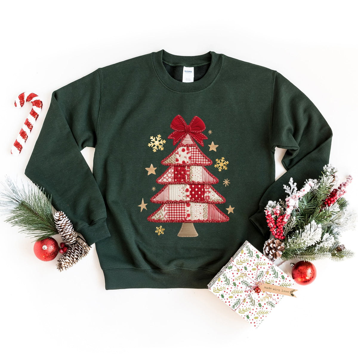 Christmas Tree Red Patchwork Print - Women's Graphic Sweatshirt