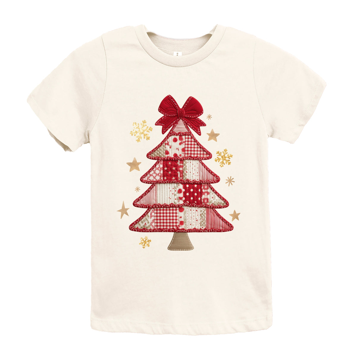 Christmas Tree Red Patchwork Print - Youth Short Sleeve Graphic T-Shirt