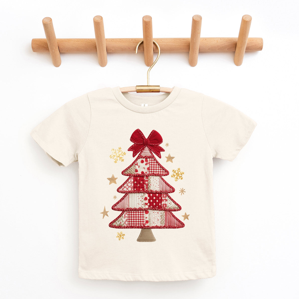 Christmas Tree Red Patchwork Print - Youth Short Sleeve Graphic T-Shirt
