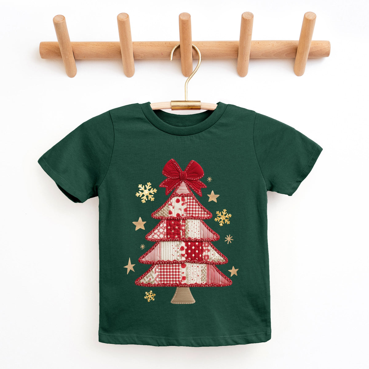 Christmas Tree Red Patchwork Print - Youth Short Sleeve Graphic T-Shirt