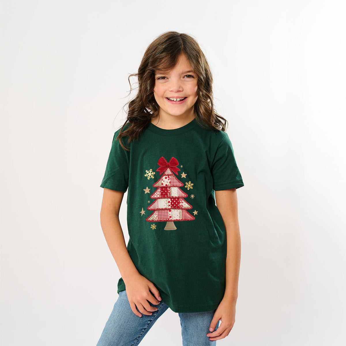 Christmas Tree Red Patchwork Print - Youth Short Sleeve Graphic T-Shirt