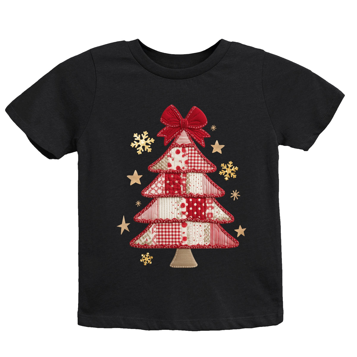 Christmas Tree Red Patchwork Print - Youth Short Sleeve Graphic T-Shirt