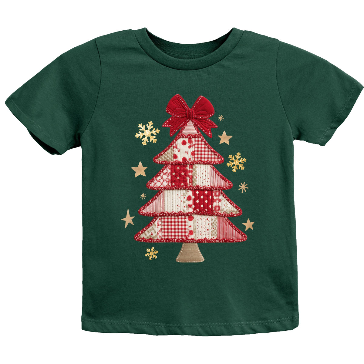 Christmas Tree Red Patchwork Print - Youth Short Sleeve Graphic T-Shirt
