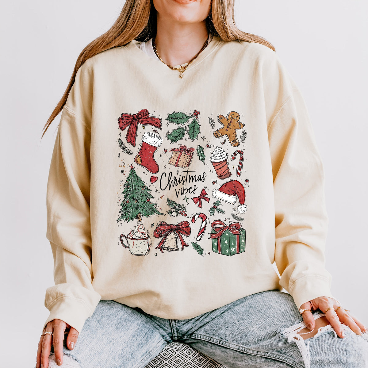 Christmas Vibes Sketched - Women's Lightweight Garment Dyed Sweatshirt