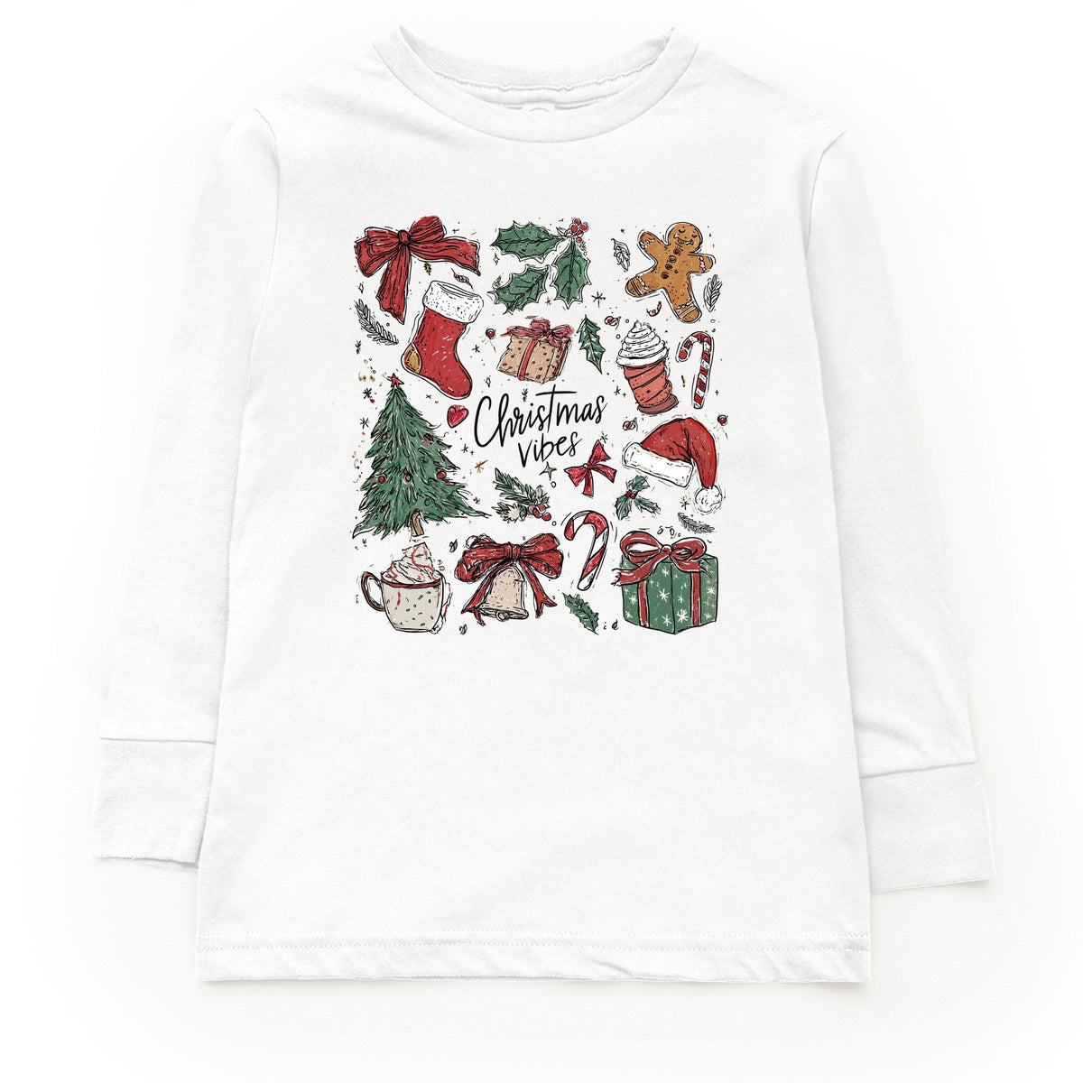 Christmas Vibes Sketched - Youth Long Sleeve Graphic T-Shirt