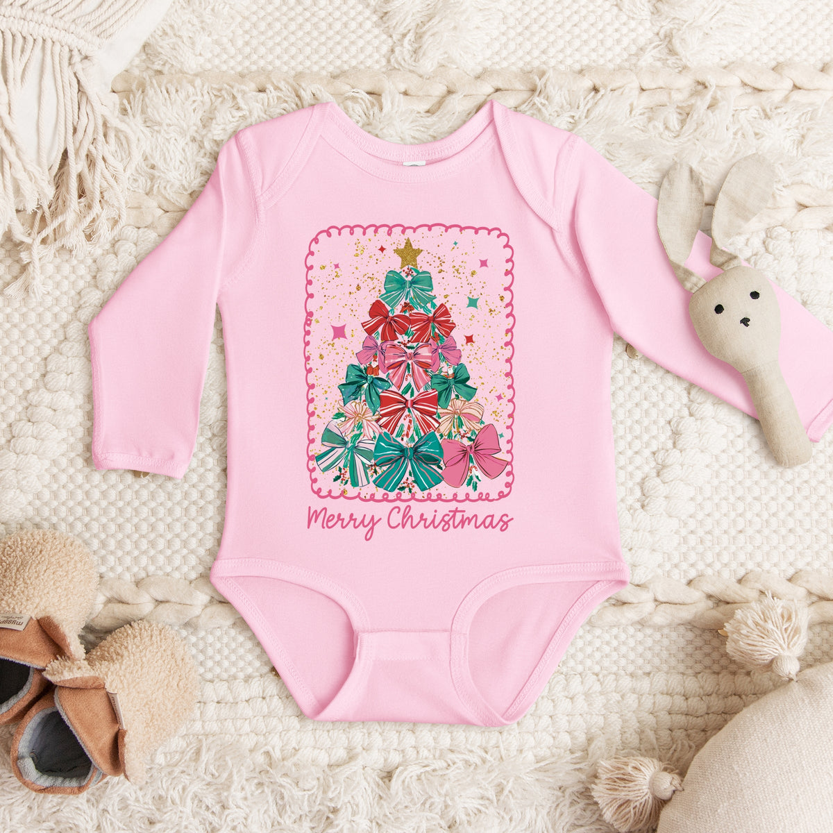 Merry Christmas Bow Tree - Baby Long Sleeve Bodysuit