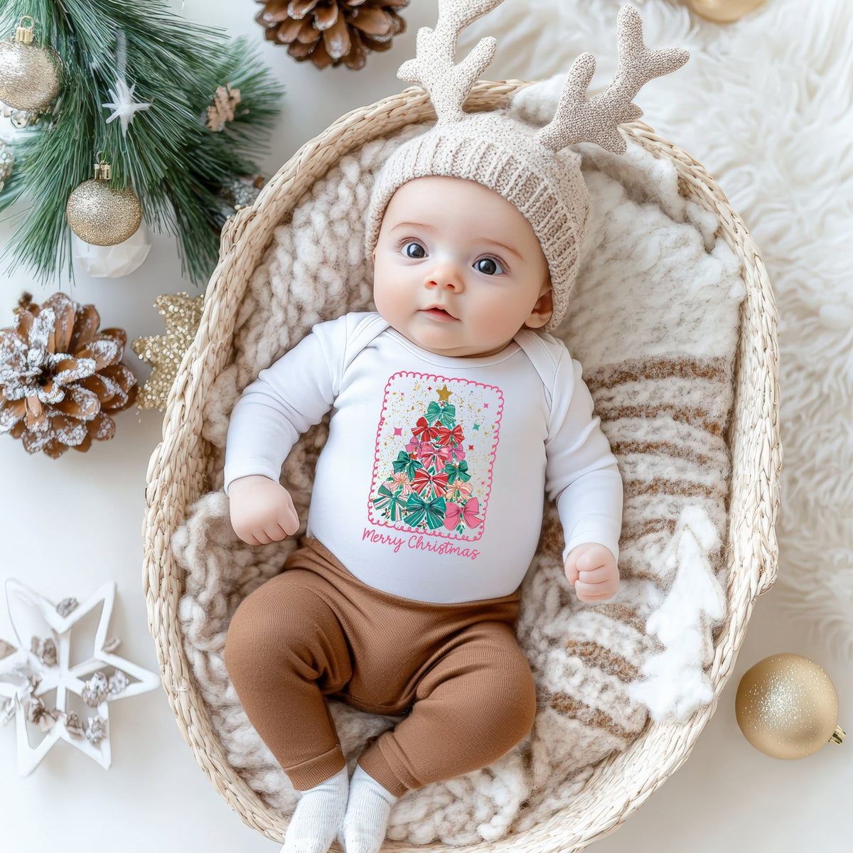 Merry Christmas Bow Tree - Baby Long Sleeve Bodysuit