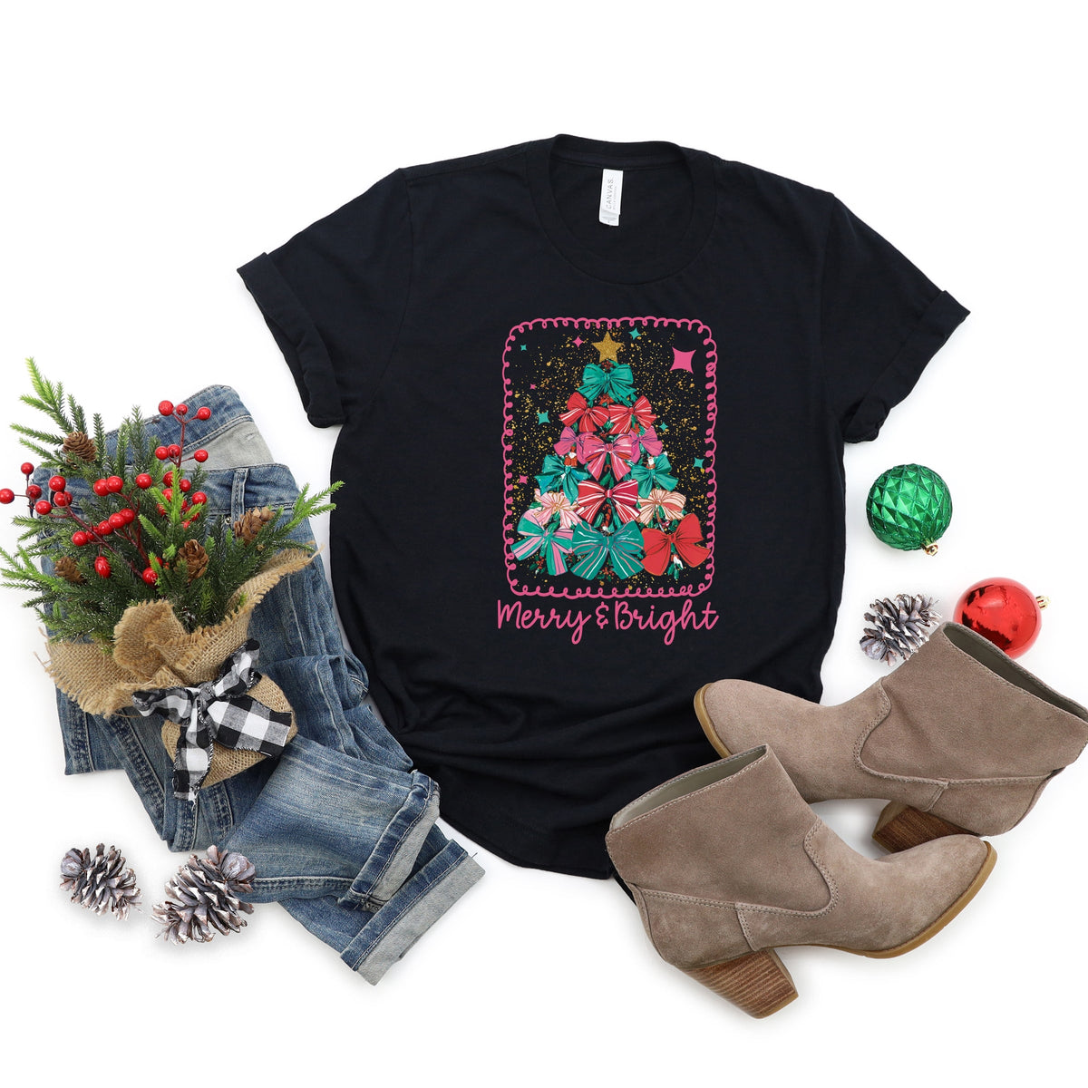 Merry & Bright Bow Tree - Women's Short Sleeve Graphic T-Shirt