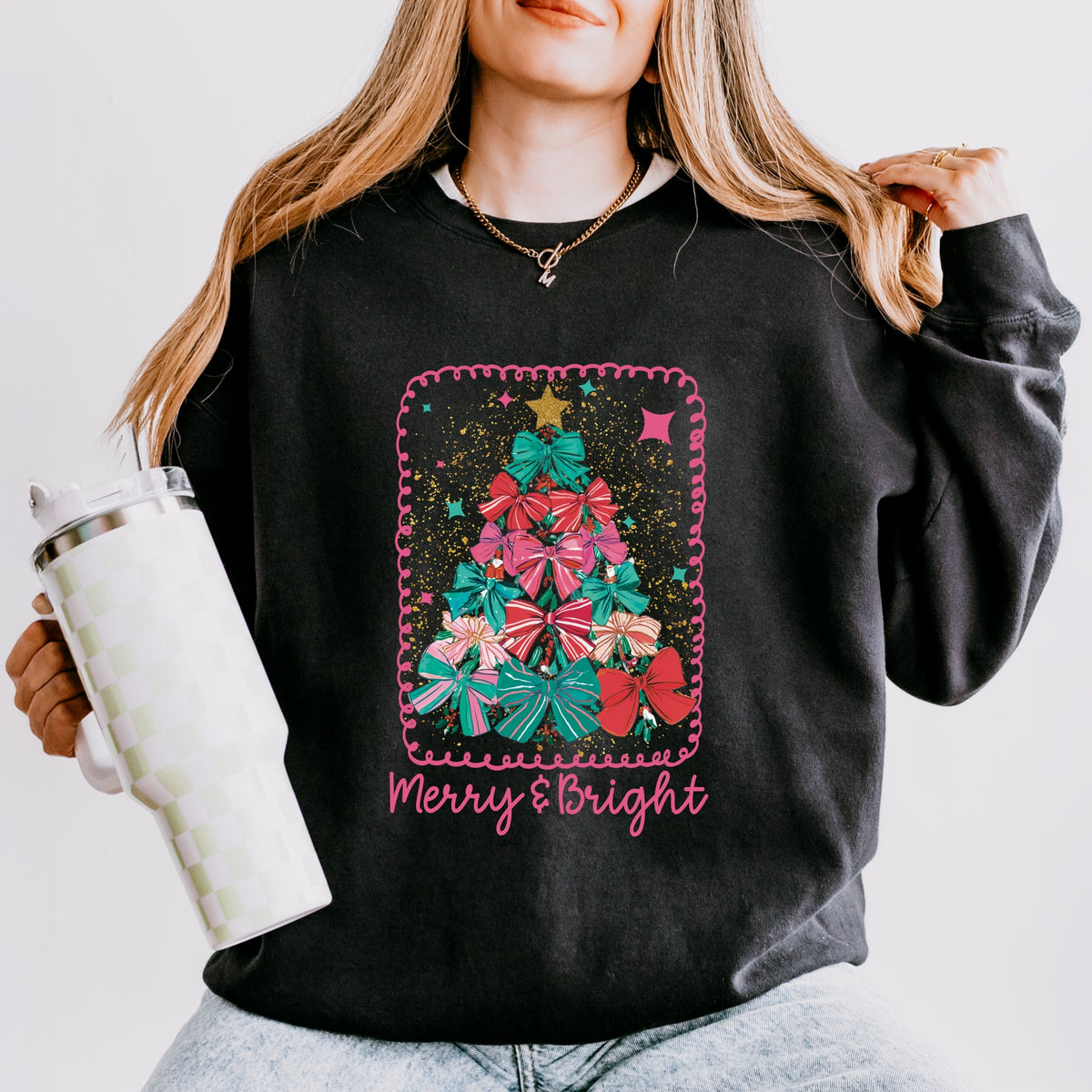 Merry & Bright Bow Tree - Women's Lightweight Garment Dyed Sweatshirt