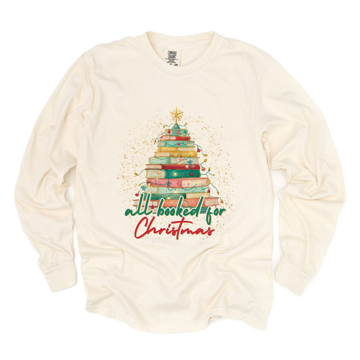 All Booked For Christmas Sparkle - Women's Garment Dyed Long Sleeve Graphic T-Shirt