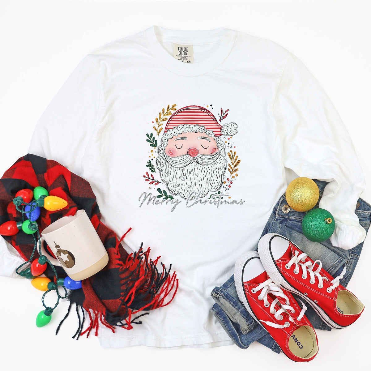 Merry Christmas Santa Stripes - Women's Garment Dyed Long Sleeve Graphic T-Shirt