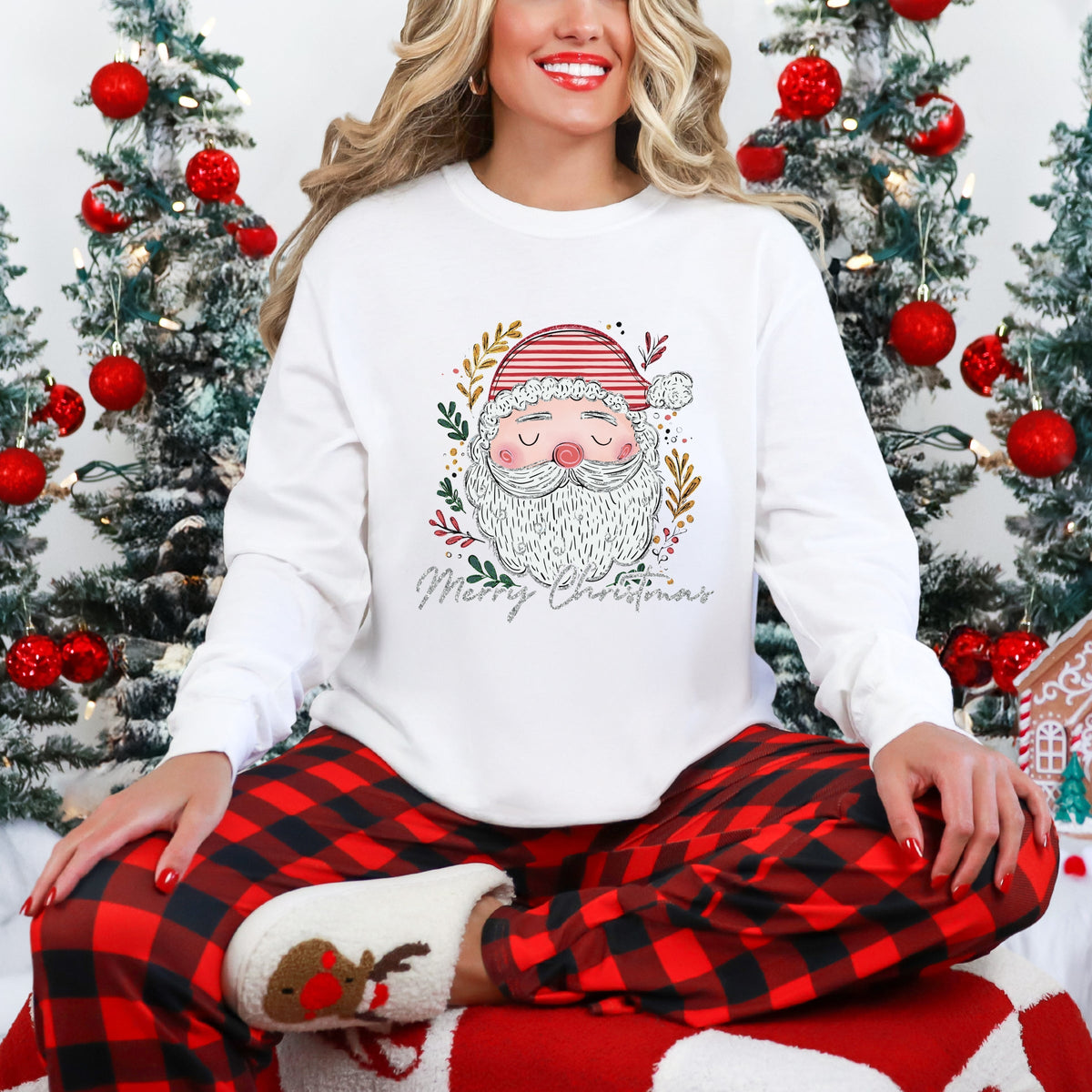 Merry Christmas Santa Stripes - Women's Garment Dyed Long Sleeve Graphic T-Shirt