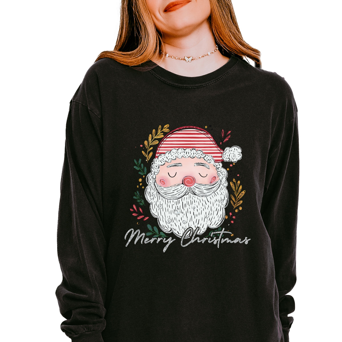 Merry Christmas Santa Stripes - Women's Garment Dyed Long Sleeve Graphic T-Shirt