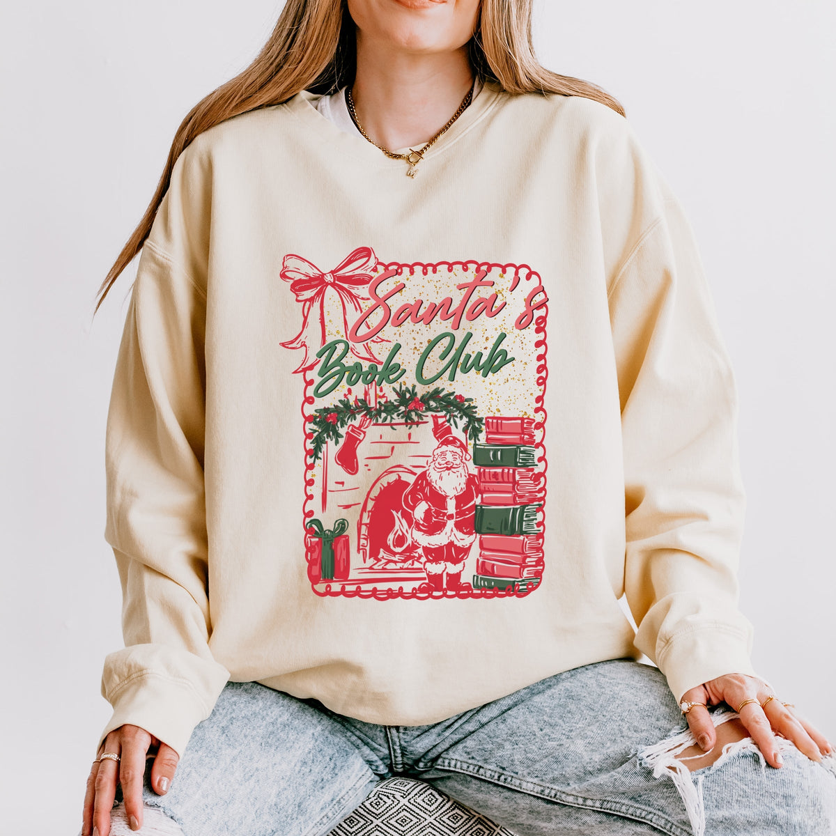 Santa's Book Club Coquette - Women's Lightweight Garment Dyed Sweatshirt