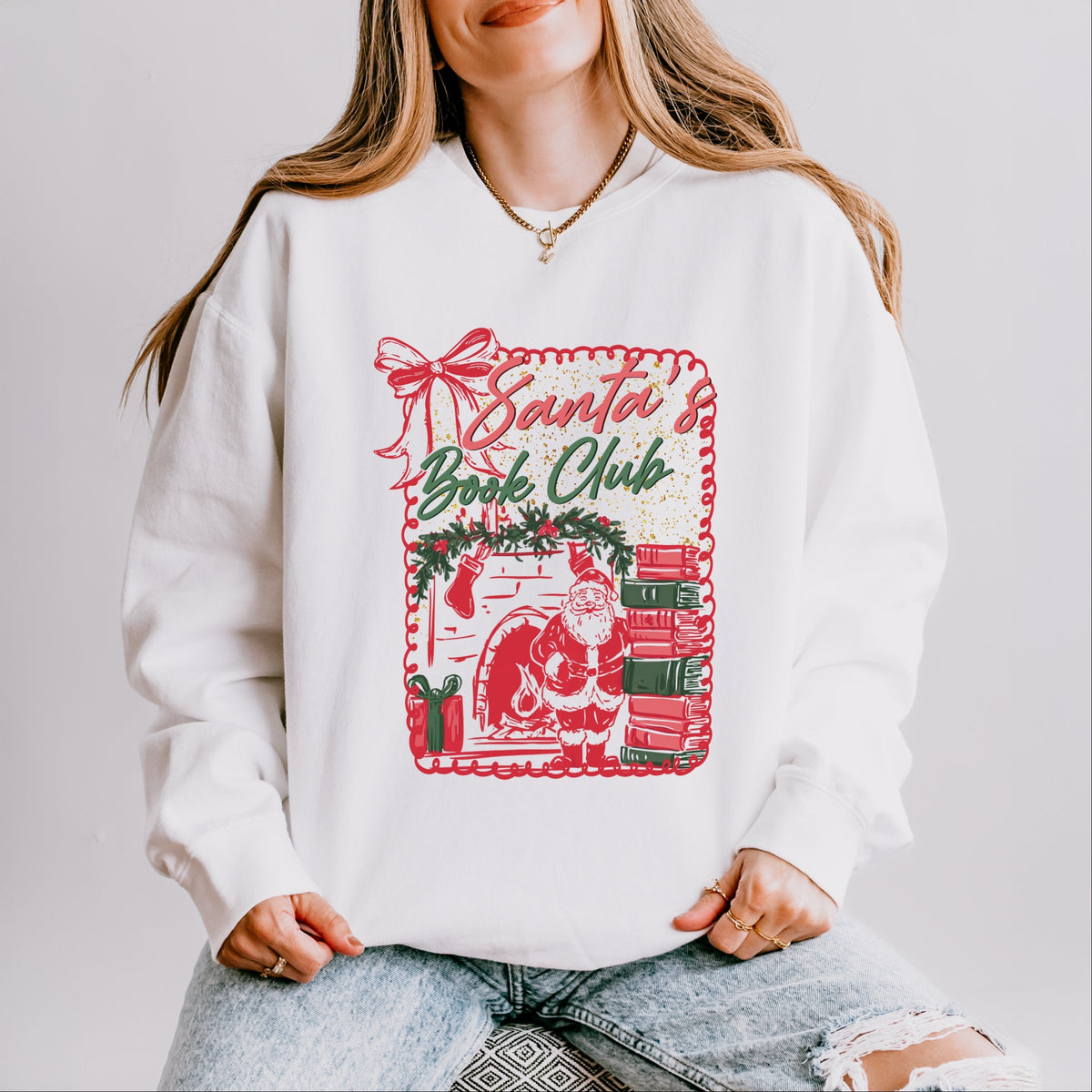 Santa's Book Club Coquette - Women's Lightweight Garment Dyed Sweatshirt