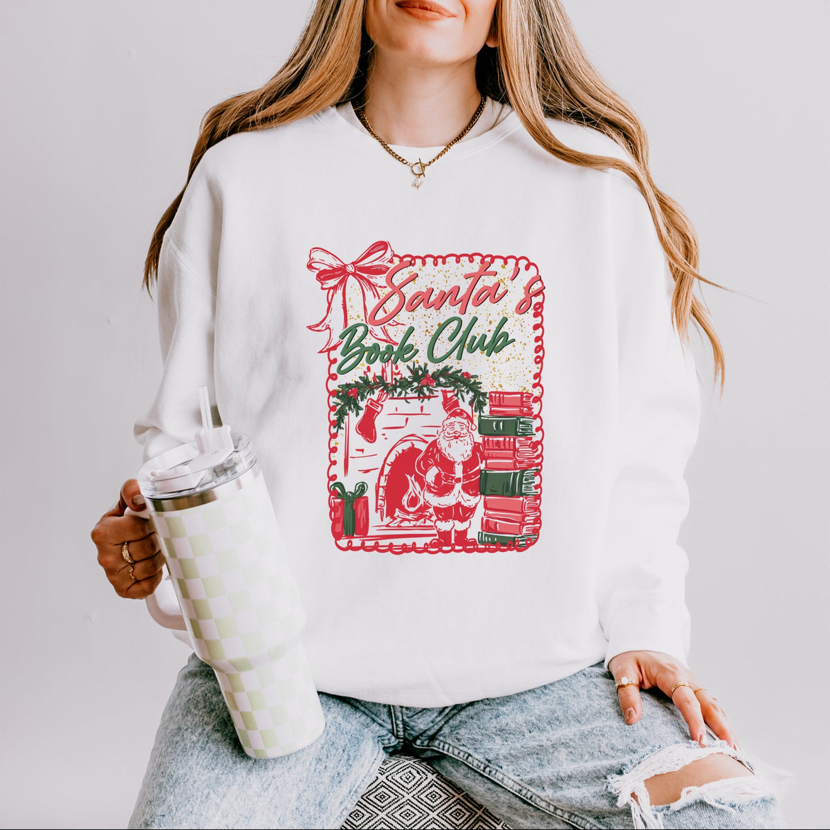 Santa's Book Club Coquette - Women's Lightweight Garment Dyed Sweatshirt