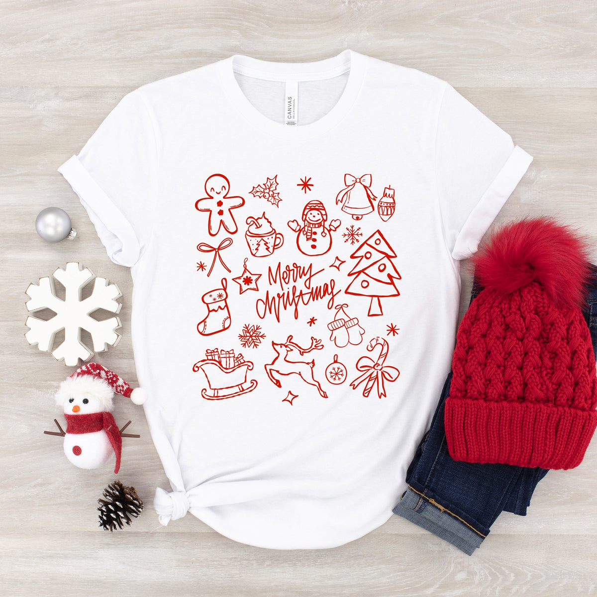 Merry Christmas Sketched Icons - Youth Short Sleeve Graphic T-Shirt