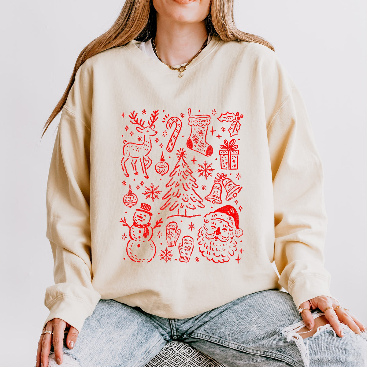 Christmas Chalk Icons - Women's Lightweight Garment Dyed Sweatshirt