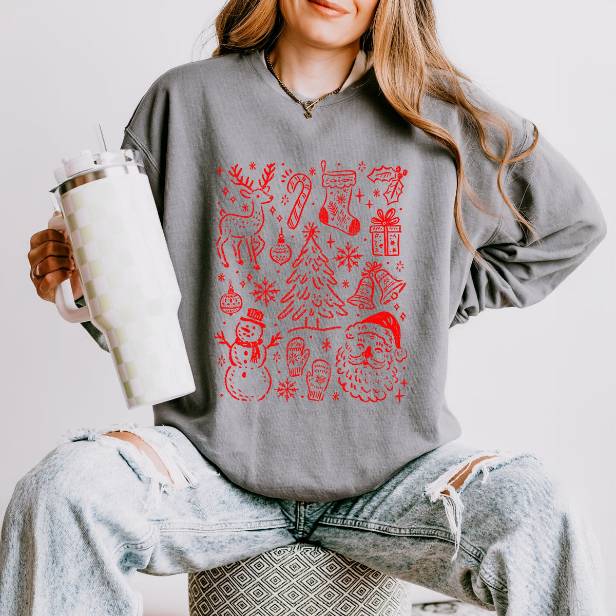 Christmas Chalk Icons - Women's Lightweight Garment Dyed Sweatshirt