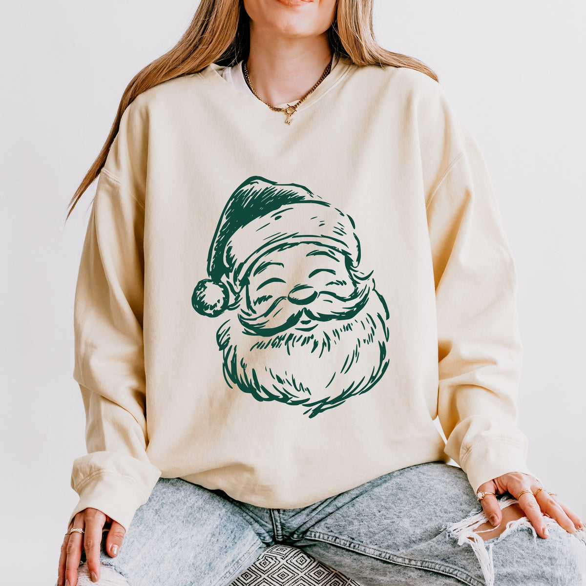 Santa Outline Green - Women's Lightweight Garment Dyed Sweatshirt