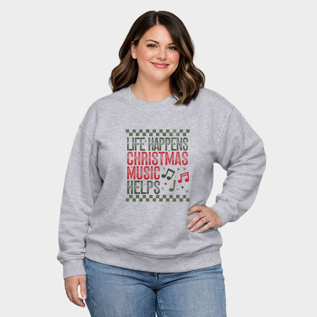 Christmas Music Helps Checkered -  Women's Plus Sized Graphic Sweatshirt