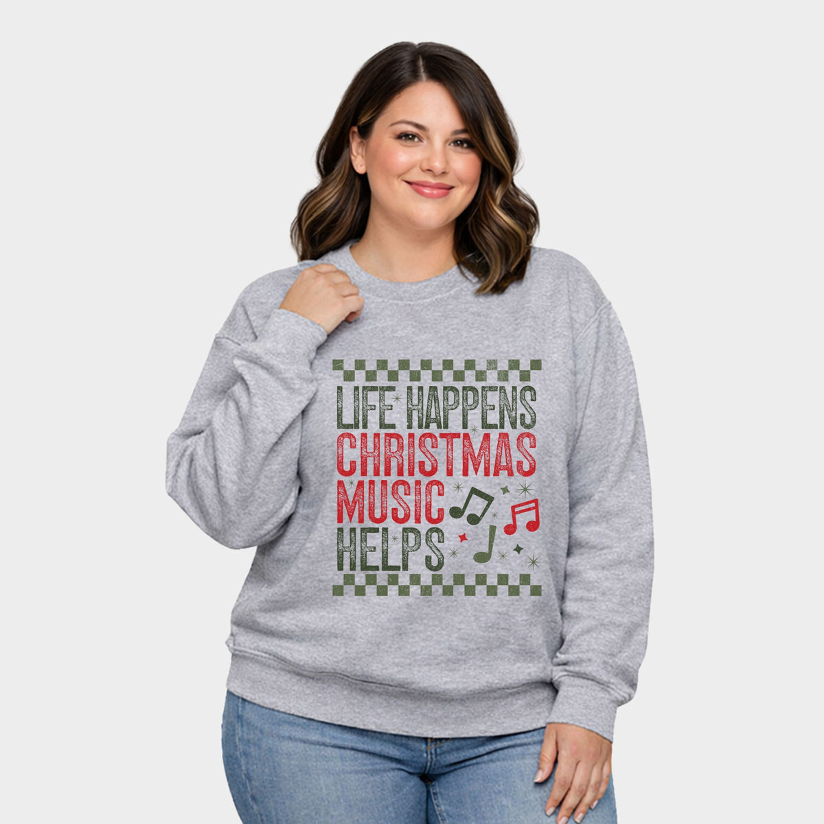 Christmas Music Helps Checkered -  Women's Plus Sized Graphic Sweatshirt