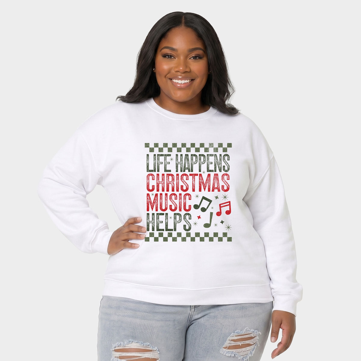 Christmas Music Helps Checkered -  Women's Plus Sized Graphic Sweatshirt