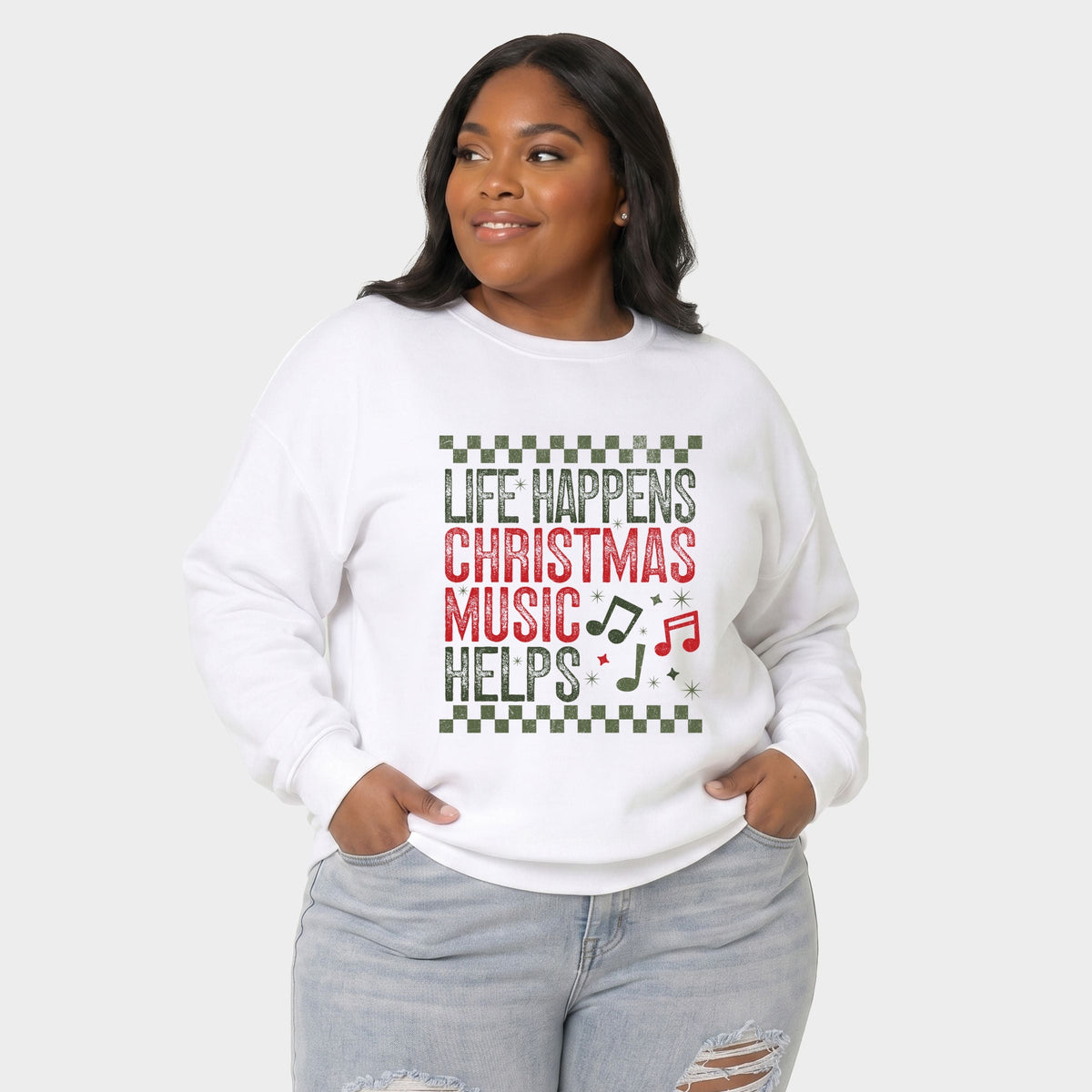 Christmas Music Helps Checkered -  Women's Plus Sized Graphic Sweatshirt