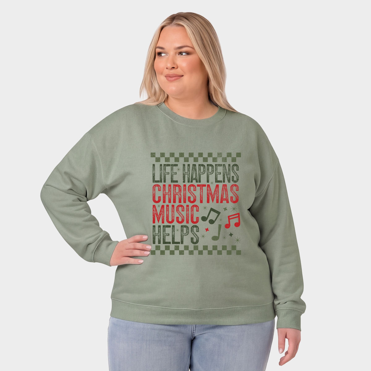 Christmas Music Helps Checkered -  Women's Plus Sized Graphic Sweatshirt