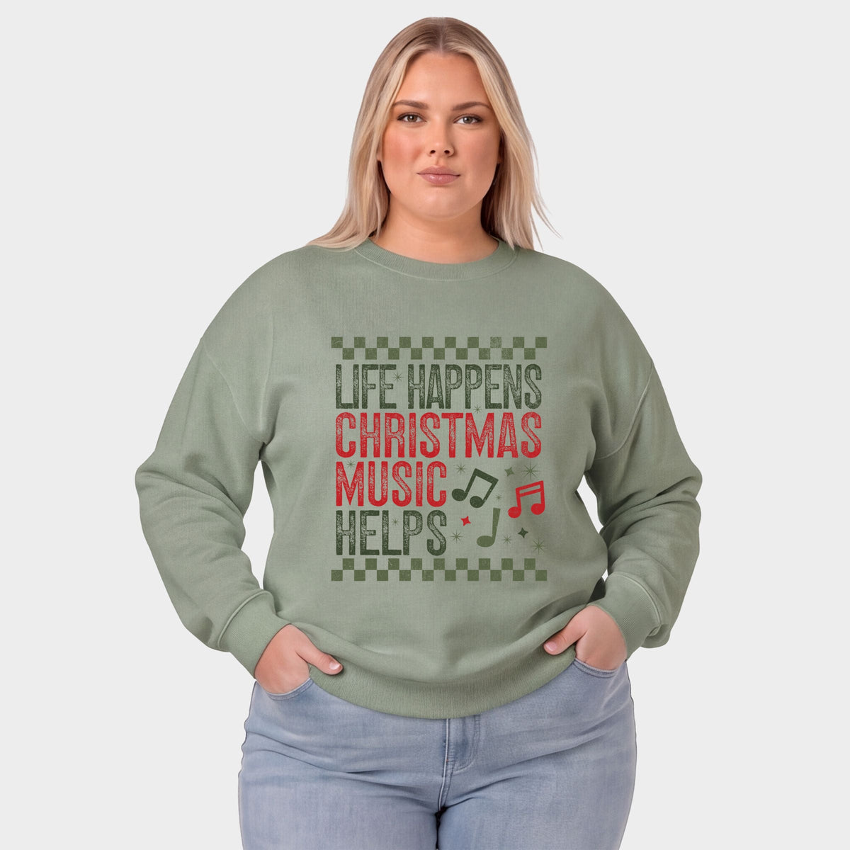 Christmas Music Helps Checkered -  Women's Plus Sized Graphic Sweatshirt